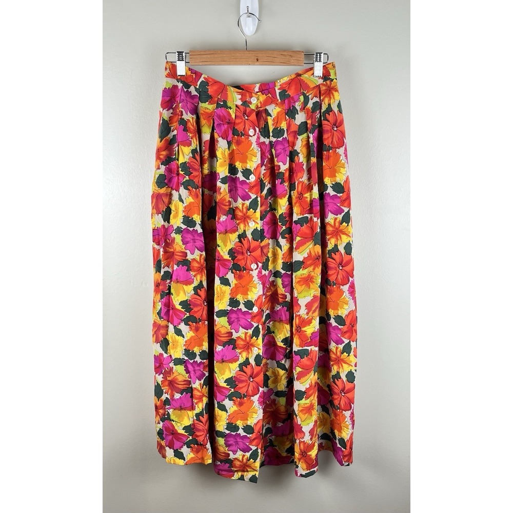 Breckenridge Vtg 100% Silk Floral Button Front Skirt Midi Length Vibrant Sz 10